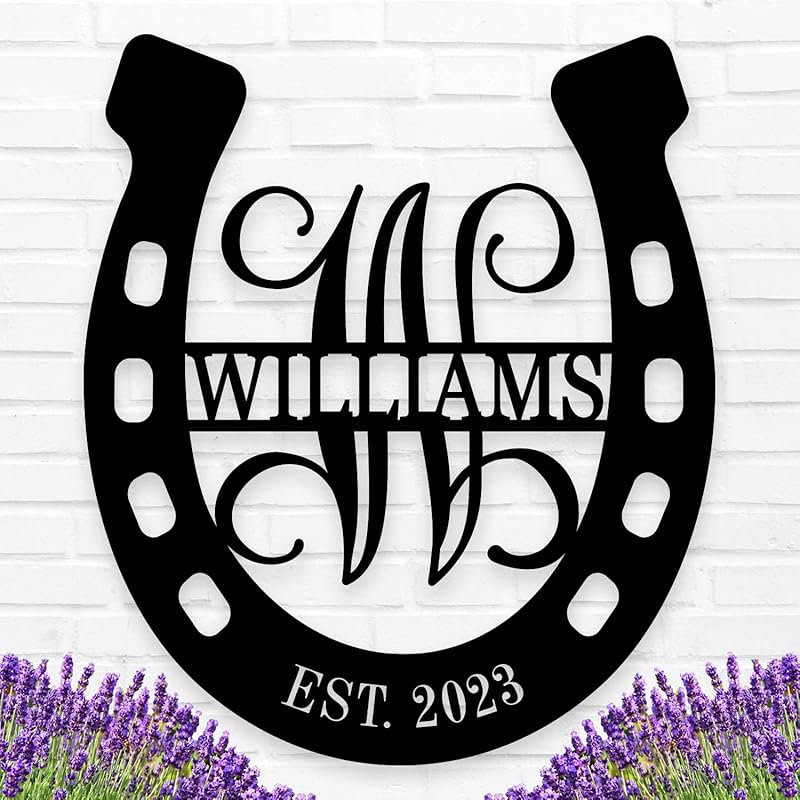 Personalized Horseshoe Metal Sign with Initial and Family Name, Custom Monogram Horseshoe Metal Sign, Horseshoe Metal Wall Art Last Name Sign Equestrian Horse Lover Gift Horseshoe Living Room Decor-Ruum Studio Home
