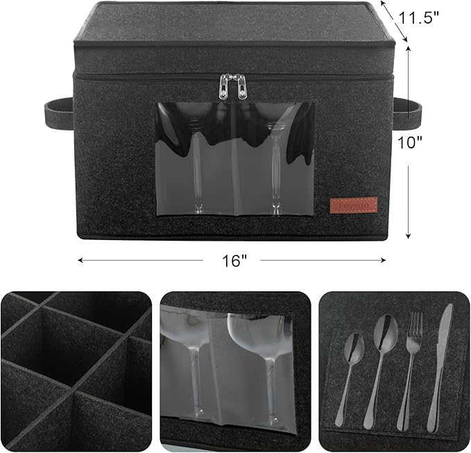 2 Pack Wine Glass Storage Box with Dividers, Stemware Storage Containers for Packing and Moving, China Storage Containers Box for 12 Crystal Glassware, Wine Glasses, Drinkware,Dark Gray-Ruum Studio Home