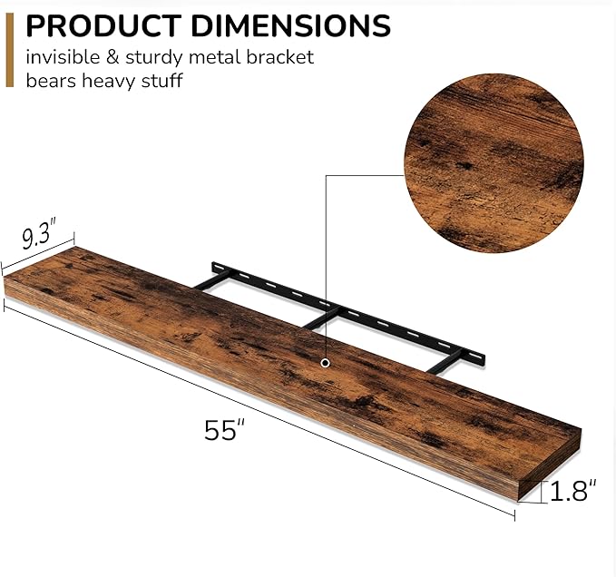 Fun Memories 55 Inch Floating Shelves - 9 Inch Deep Rustic Wooden Wall Shelves - Extra Deeper & Thicker Wall Mounted Storage Shelf for Living Room, Kitchen, Farmhouse - 55" W x 9" D x 1.8" H - Brown-Ruum Studio Home