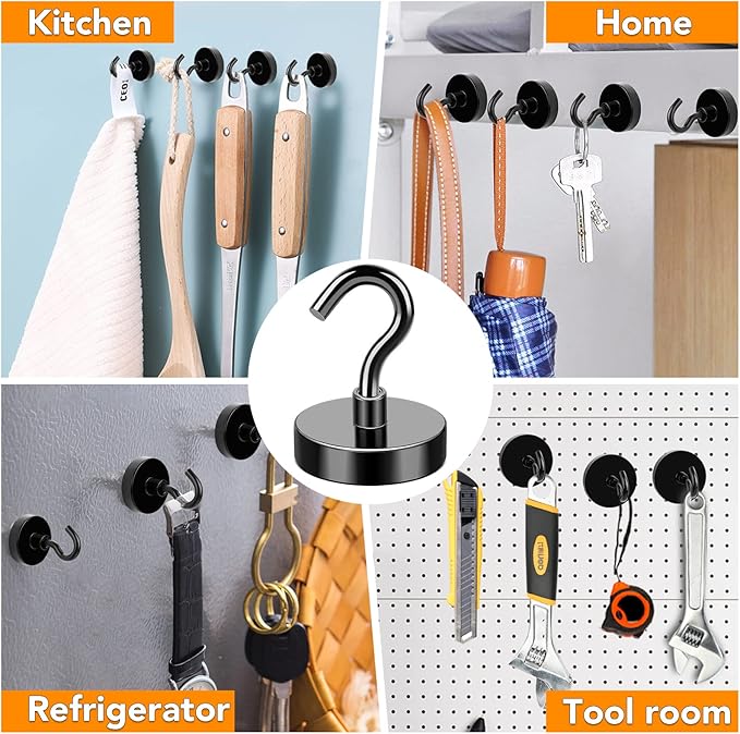 MIKEDE Black Magnetic Hooks, 80Lbs Heavy Duty Earth Magnets with Hooks for Cruise Cabin, Strong Magnet Hooks for Hanging, Super Metal Magnetic Hanger for Grill, Fridge, Kitchen - Pack of 10-Ruum Studio Home