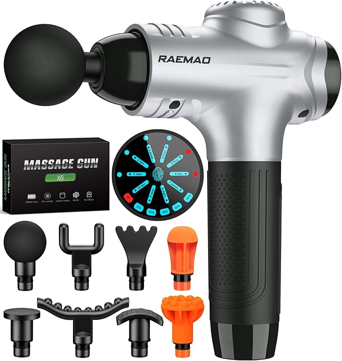 RAEMAO Massage Gun, Handheld Electric Deep Tissue Muscle Massager for Athletes for Pain Relief Attaching 8 Replacement Heads, Percussion Massager with 10 Speeds, Father's Day Gifts, Silver-Ruum Studio Home