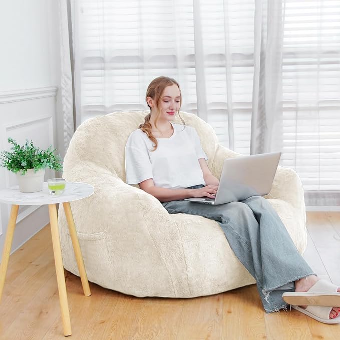 Giant Bean Bag Chair, Oversized Bean Bag Chairs for Adults and Kids, Gaming Chair Stuffed Memory Foam | Storage | Non-Slip, Removable Bean Bag Sofa Comfy Chair for Bedroom, Livingroom (Beige)-Ruum Studio Home