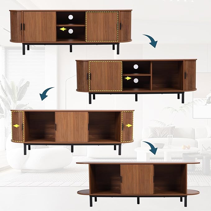 62" Tambour Door TV Stand,Wood Mid Century Modern TV Cabinet for Up to 70“ TV,Curved Edge Long TV Stand with Storage for Bedroom Living Room(Walnut, 62.2inch)-Ruum Studio Home