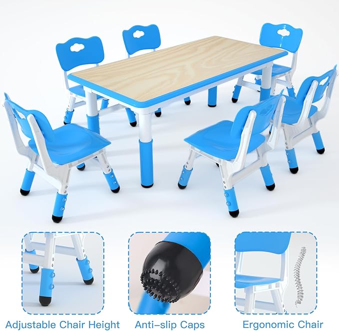 Kids Study Table and 6 Chairs Set,Height Adjustable Table and Chairs for Children and Toddlers,47.2"X23.6"Graffiti Desktop,Suitable for Daycare,Classrooms, Home-Ruum Studio Home