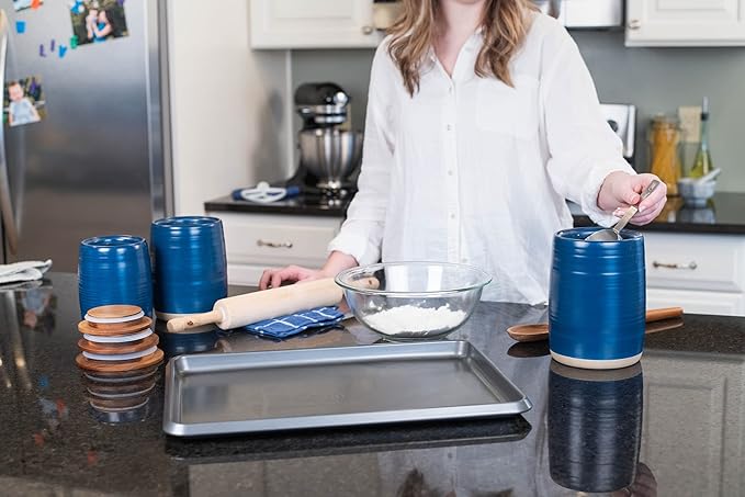 Nat & Jules Lidded Navy Blue 6 inch Ceramic and Wood Kitchen Canisters Set of 3-Ruum Studio Home