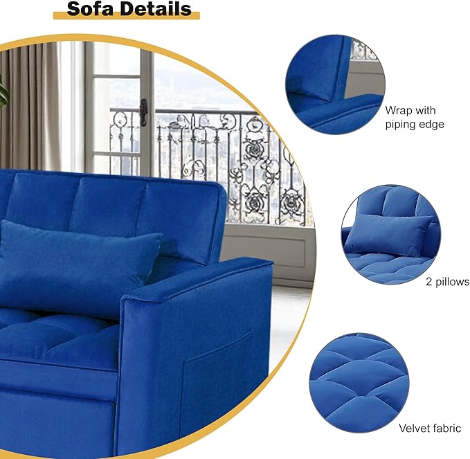 3 in 1 Sleeper Sofa Beds, Futon Sofa Bed for Living Room with Side Pocket, Sleepers Couch with Pullout Bed, Convertible Love Seat Sleepers Couch for Living Room, Bedroom, Small Space, Blue-Ruum Studio Home