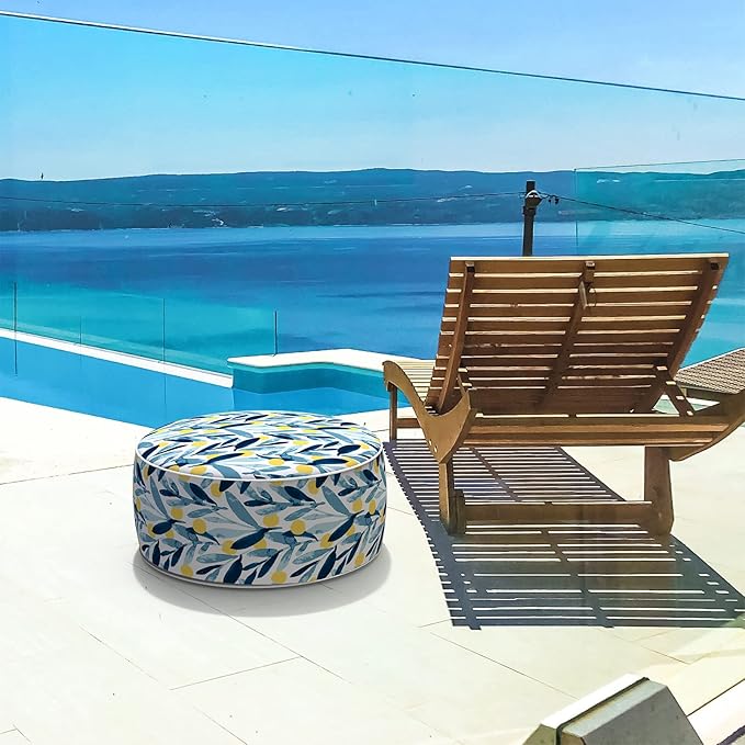 LVTXIII Outdoor/Indoor Inflatable Stool Ottoman, All Weather Patio Footrest Pouf, Portable Round Ottoman for Patio Garden, Camping or Home, D21xH9 Inches, Blue Leaves-Ruum Studio Home