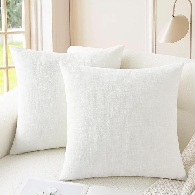 CaliTime Throw Pillow Covers Decorative 24 X 24 Inches Pack of 2 Cozy Chenille Cushion Cases for Couch Sofa Bed Living Room Home True White-Ruum Studio Home