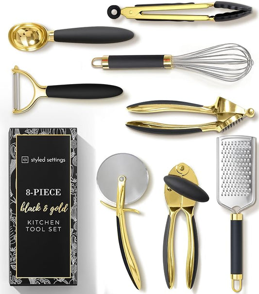 Black and Gold Kitchen Utensils - Luxe 8-Piece Gold Kitchen Tools Set with Can Opener, Pizza Cutter, Peeler, Mini Whisk, and Tongs - Stylish Accessories for Modern Cooking and Ideal for Gifting-Ruum Studio Home