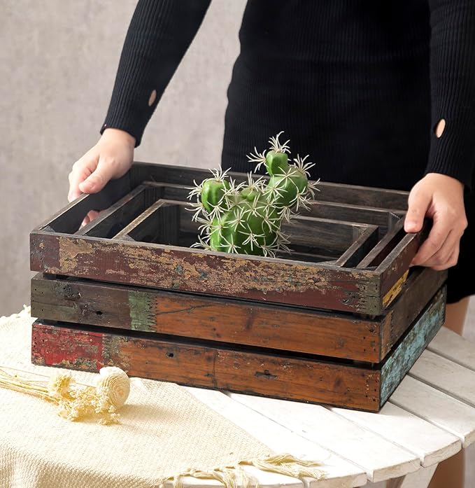 TIMRIS Set of 3 Rustic Distressed Wood Nesting Crates, Farmhouse Decorative Wooden Storage Boxes, Large Vintage Reclaimed Wood Baskets for Display (Random)-Ruum Studio Home