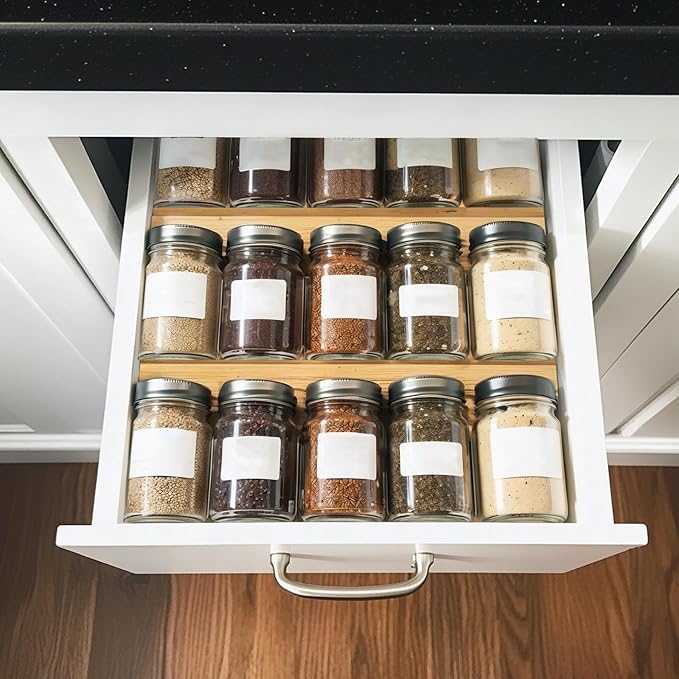Bamboo Spice Rack For Drawer,4Pcs Tier Stackable Seasoning Storage Organizer Insert,for Kitchen Condiments Storage Insert(Jars Not Included,Combined Size:18.9" D x 9.5" W x 1.8" H）-Ruum Studio Home