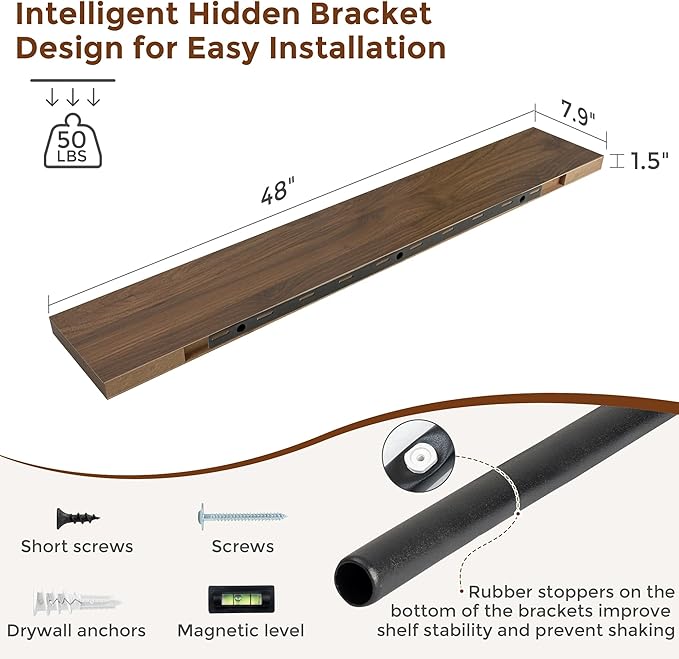 Heimlove 48 Inch Floating Shelves for Wall 8 Inch Deep Walnut Shelves Set of 2,Wall Mounted Rustic Wood Long Floating Shelf，Large Display & Storage Shelf with Invisible Brackets-Ruum Studio Home