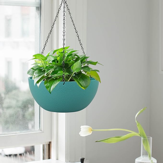 10 inch Hanging Planters for Outdoor Indoor Plants with Drainage Holes and Chain, 2 Pack Round Hanging Flower Pots for Garden Home Porch Decor, Blue Green-Ruum Studio Home