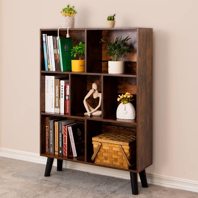 LEYAOYAO Cube Bookshelf 3 Tier Mid-Century Rustic Brown Modern Bookcase with Legs,Retro Wood Bookshelves Storage Organizer Shelf,Freestanding Open Book Shelves for Bedroom,Living Room,Office-Ruum Studio Home