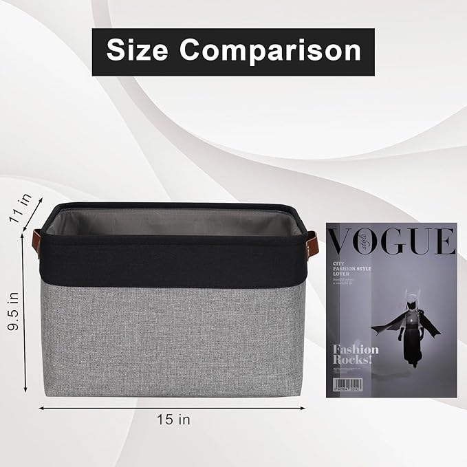 Storage Bins Large Fabric Storage Baskets for Shelves 3 Pack, Decorative Linen Closet Baskets with Handles for Organizing, Shelf, Clothes, Home, Office, 15x11x9.5Inches (Grey&Black)-Ruum Studio Home