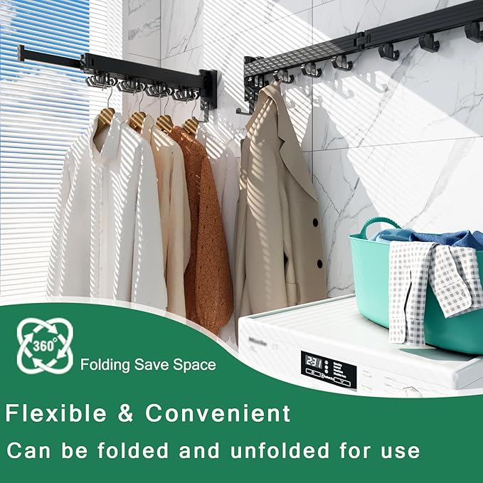 Wall Mount Clothes Drying Rack, Wall Mounted Drying Rack, Upgraded 3-Fold & Sturdy Laundry Drying Rack with 12 Dual-Side Hooks Space Saver for Laundry Room, Apartment, Dorms - Black-Ruum Studio Home