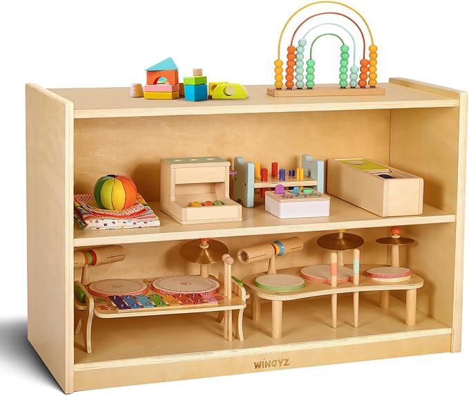 wingyz Wooden Storage Cabinet, 2-Tier Kids Toy Storage Organizer, Spacious Montessori Kids Bookshelf, Toy Shelf Storage Organizer for Playroom Classroom Nursery Study Room Living Room-Ruum Studio Home