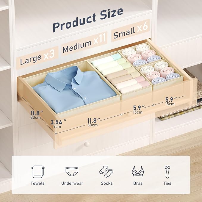 DIMJ Drawer Organizer Clothes 20 Pack - Foldable Baby Organizers and Storage & Dresser Organizer for Bedroom, Closet - Nursery Organization Dresser Dividers for underwear, Sock,Bra, Belt, Tie, Beige-Ruum Studio Home