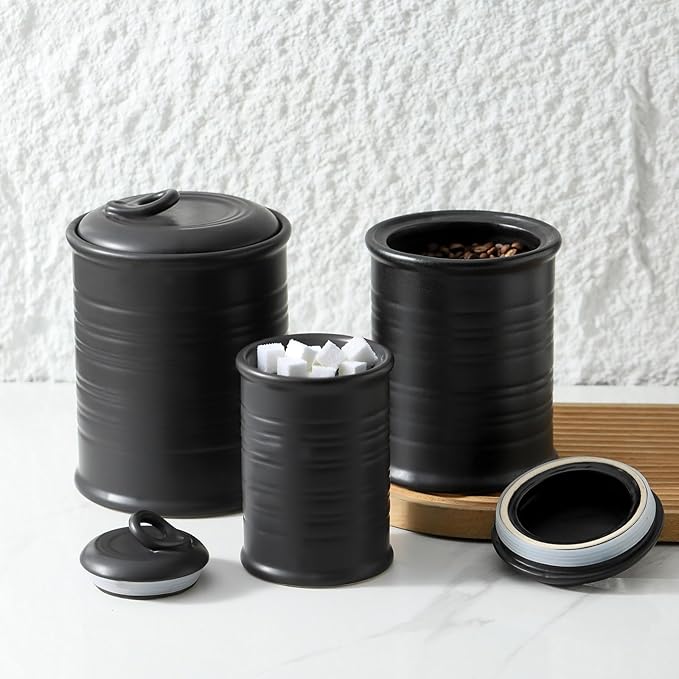 Nihow Food Storage Jar Sets: Ceramic Container with Air Tight Lid for Flour/Sugar/Rice/Coffee/Cookies/Candy - Seal Damp-proof Canister for The Kitchen - Set of 3 （Matte Black）-Ruum Studio Home