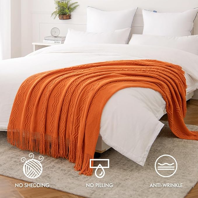 MIULEE Burnt Orange Knitted Throw Blanket for Couch Boho Textured Cozy Woven Blanket with Tassels for Sofa Chair Bed Living Room Fall Home Decor Farmhouse Acrylic Wave Pattern 50"x60"-Ruum Studio Home
