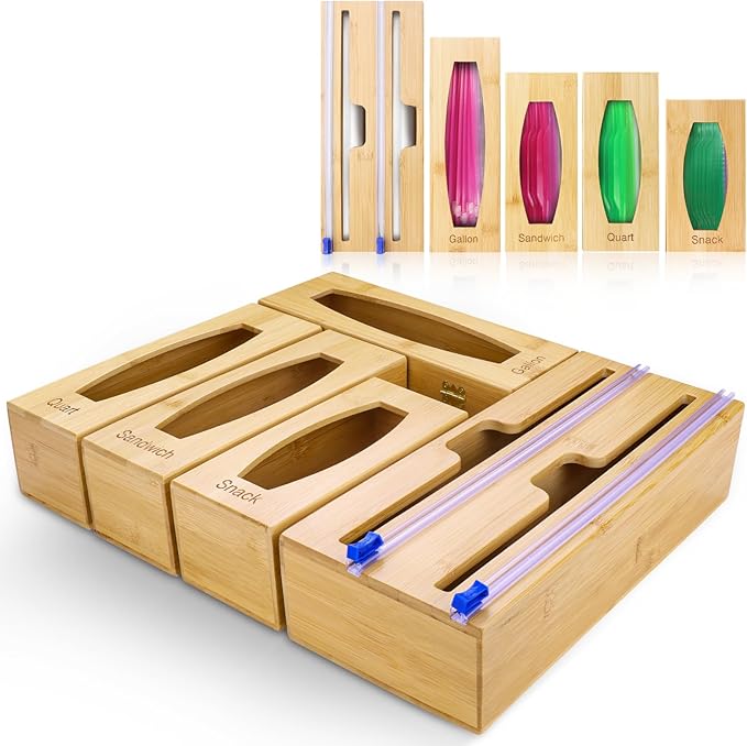 Individual Storage Bag Organizer for Kitchen Drawer, Bamboo with Foil and Plastic Wrap Organizer for Kitchen Organizers and Storage, for Gallon, Quart, Sandwich, Snack-Ruum Studio Home