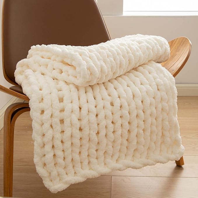 WESHIONGOO Chunky Knit Blanket Throw 40"×40" Knitted Throw Blankets for Couch Bed Fluffy Soft Blanket with Jumbo Chenille Yarn Thick 100% Handmade (Cream White)-Ruum Studio Home