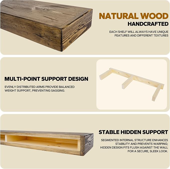 Floating Shelves 3 inch Thick for Wall Set of 2,Solid Pine Wood Wall Mount Shelf for Kitchen Living Room Bedroom Bathroom,8" D x 24" L x 3" H-Distressed Black Walnut-Ruum Studio Home