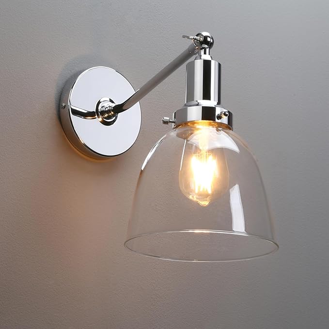 PERMO Industrial Vintage Wall Sconce Chrome Wall Sconce with 6.7" Oval Dome Clear Glass Shade Light Lamp Fixture-Ruum Studio Home