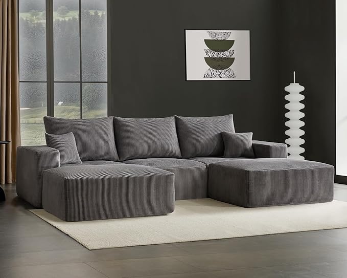 40" Square Stuffed Ottoman Pouf for Sofa Couch, Corduroy Poufs with Foam Chunk Filling, Furry & Fluffy Foot Stool Movable Ottoman. 40 * 31 Floor Poufs Foot Rest for Living Room, Grey-Ruum Studio Home