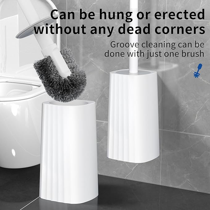 Toilet Brush & Holder Set, Lightweight Plastic Handle, Space Saving for Storage, Deep Cleaning, Drip-Proof, Easy to Assemble, Nylon Bristles, White & Grey-Ruum Studio Home