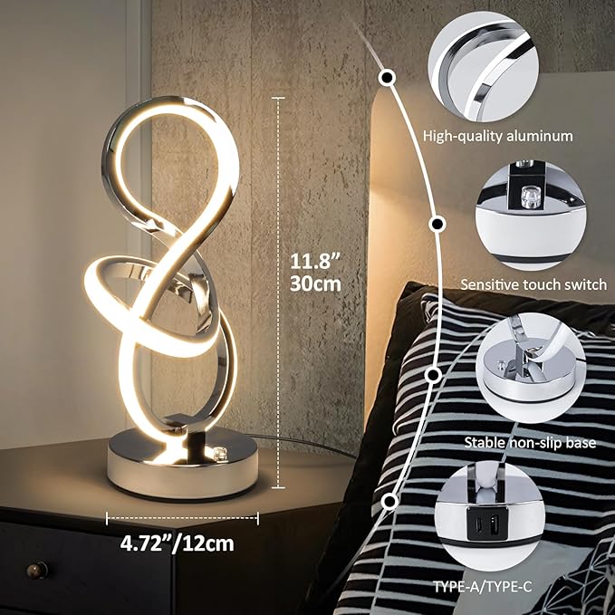 Modern Table Lamp, LED Bedside lamp with USB C+A Ports, Touch Stepless Dimmable Nightstand lamp, Unique Spiral Table lamp for Bedroom Living Room Home Office, LED Spiral lamp, Silver-Ruum Studio Home