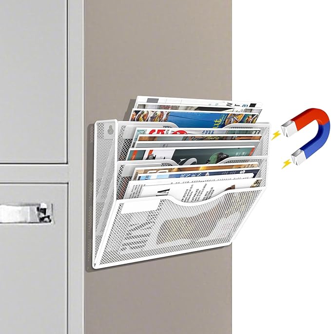 3-Tier Magnetic File Holder, No Drilling Installation File Cabinet Organizer, White Magnetic File Organizer, Magazine Rack, Magnetic Paper Holder for Refrigerator, File Cabinets,White-Ruum Studio Home
