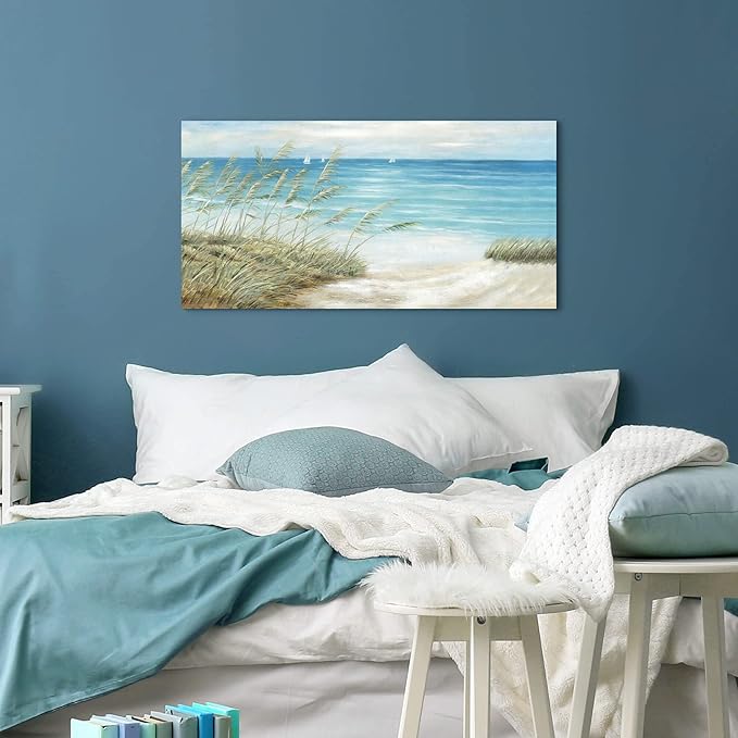 Beach Sea Canvas Wall Art: Coastal Reed Hand Painting Abstract Blue Ocean Sailboat Nautical Picture Modern Seascape Grass Path Artwork Decor for Living Room Bathroom Bedroom-Ruum Studio Home