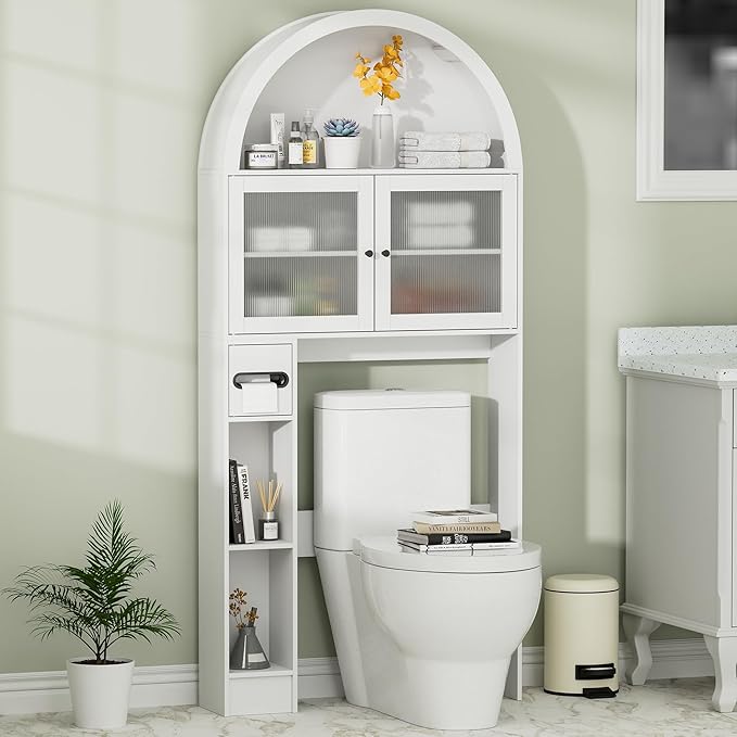 Over The Toilet Storage Cabinet, 31''W Arched Space-Saving Bathroom Organizer with Adjustable Shelf and Acrylic Doors, Freestanding Over Toilet Cabinet for Bathroom, Laundry, Restroom (White)-Ruum Studio Home