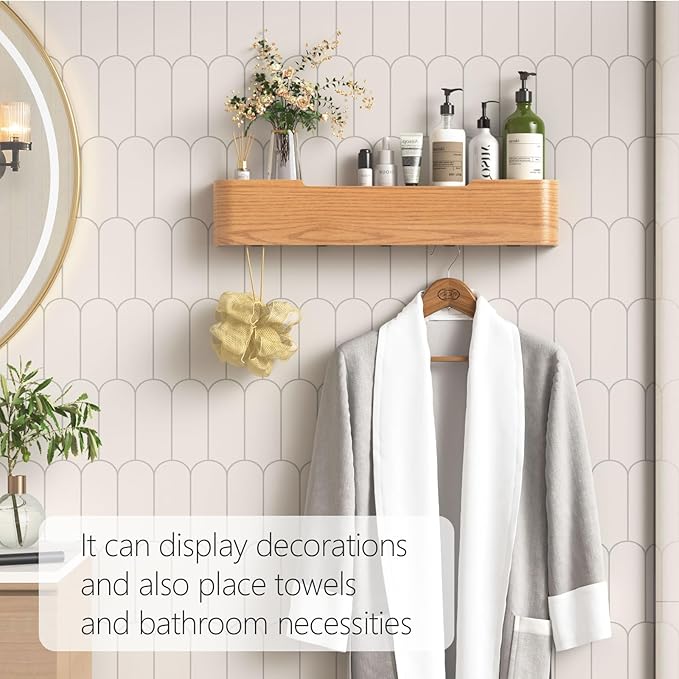 Coat Rack Wall Mount with Hidden Hooks Entryway Hanging Shelf Modern Wood Coat Hanger for Bedroom Kitchen Hallway Bathroom (Oak, 20.9 Inch Long)-Ruum Studio Home