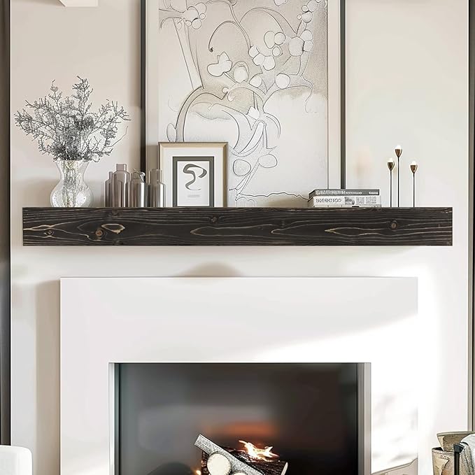 60x8x3 Fireplace Mantel - Handcrafted Hollow Rustic Solid Wood Wall Mounted Floating Shelf with Invisible Heavy Duty Wood Bracket (Weathered Black)-Ruum Studio Home