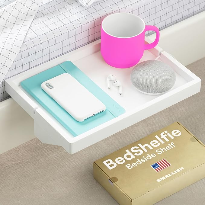 BedShelfie Bedside Shelf for Bunk Bed & Top Bunk, College Dorm Room & Loft Nightstand, Floating Bed Side Table Tray Storage - Original White Wood-Ruum Studio Home