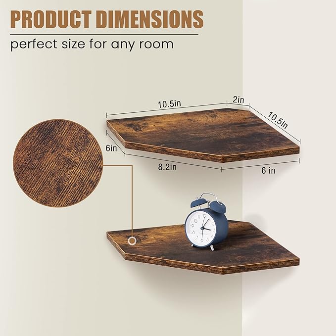 Corner Shelf Wall Mount, Floating Corner Shelves, Set of 2 Corner Wall Shelf Organizer, Rustic Wood Wall Storage Display Shelves for Living Room Bedroom Bathroom Kitchen, Rustic Brown-Ruum Studio Home