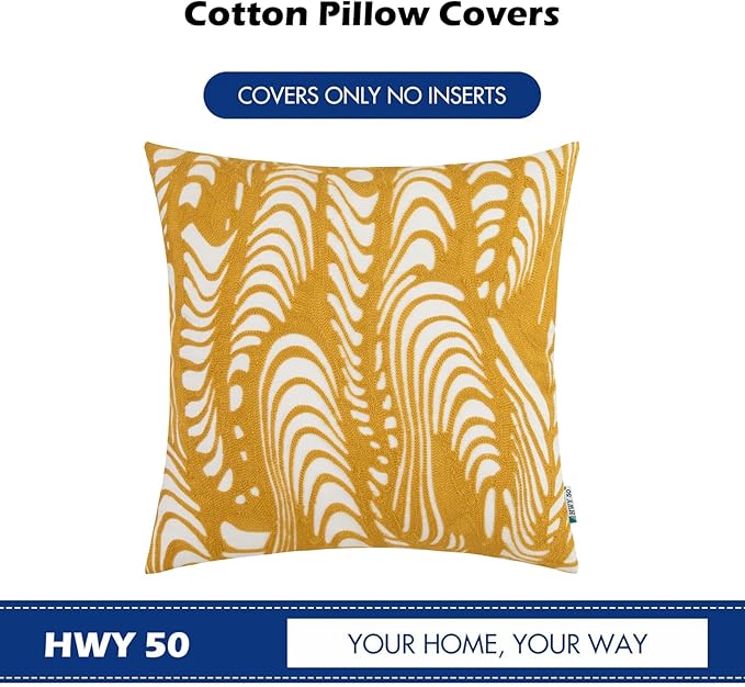 HWY 50 Yellow Decorative Throw Pillow Covers 18x18 Inch (1 Piece), Embroidered Cotton Farmhouse Cushion Cover Pillow Case for Sofa Couch Living Room Bed, Texture-Ruum Studio Home