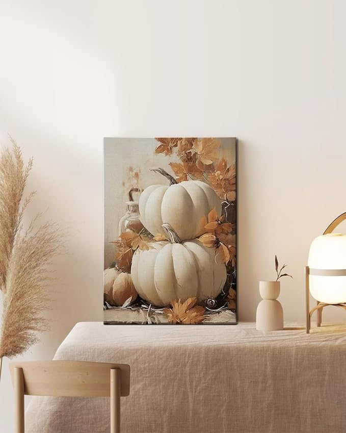 Farmhouse Autumn Pumpkin Wall Art Decor, Rustic Fall Canvas Prints Framed for Living Room Kitchen Dining Room, Thanksgiving Decorations and Cozy Fall Wall Art Picture, Ready to Hang-Ruum Studio Home