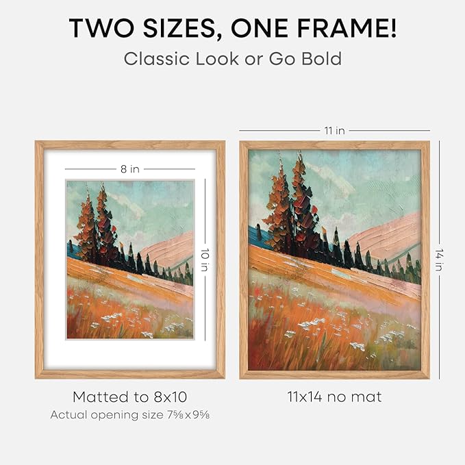 Homeforia 11x14 Picture Frame Wood, High End Natural Oak 11x14 Light Wooden Poster Frames with Mat 8x10, 11 x 14 Frames Matted to 8 x 10 Photo, 14x11 Hanging Frames, Tempered Glass, Wall Kit, Set of 1-Ruum Studio Home