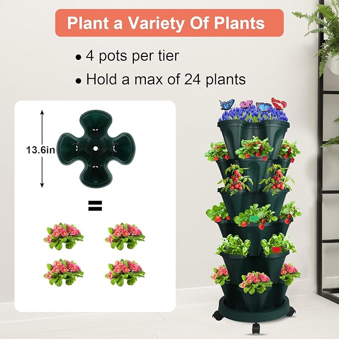 Vertical Planter, 6 Tier Stackable Strawberry Planter with Garden Tool Set, Movable Indoor/Outdoor Garden Herb Pot for Growing Vegetables and Succulents, Green-Ruum Studio Home