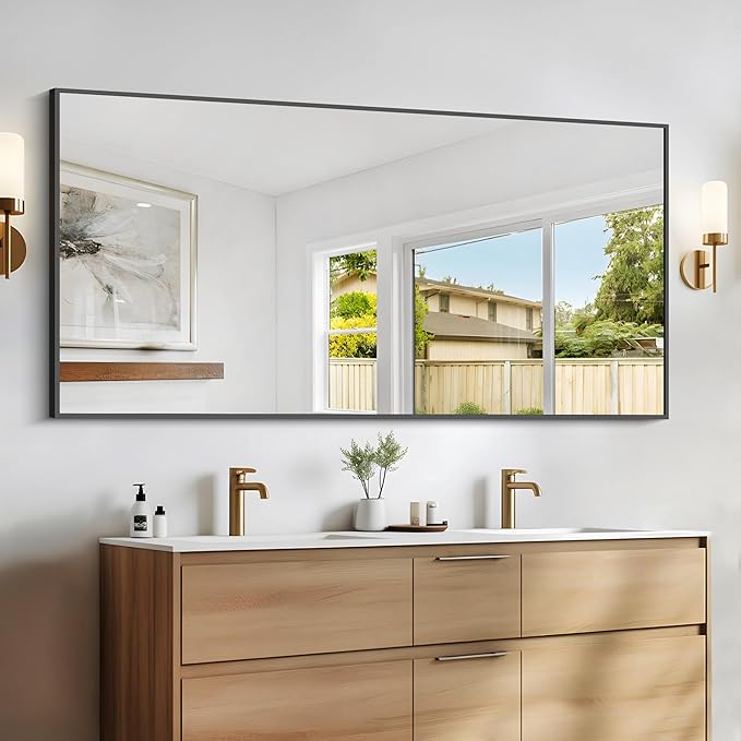 Black Bathroom Mirror for Wall, 60x30 Inch Rectangle Mirrors with Metal Frame, Modern Vanity Wall Mirror Decor for Bathroom Living Room, Entryway Hangs Horizontal or Vertical-Ruum Studio Home