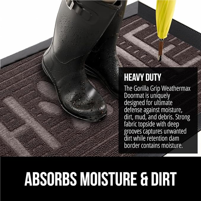 GORILLA GRIP 100% Waterproof All-Season WeatherMax Doormat US Designed Natural Rubber, Stain and Fade Resistant, Low Profile Indoor Outdoor Door Mats, Easy Clean Patio Mat, Espresso Home Paw-Ruum Studio Home