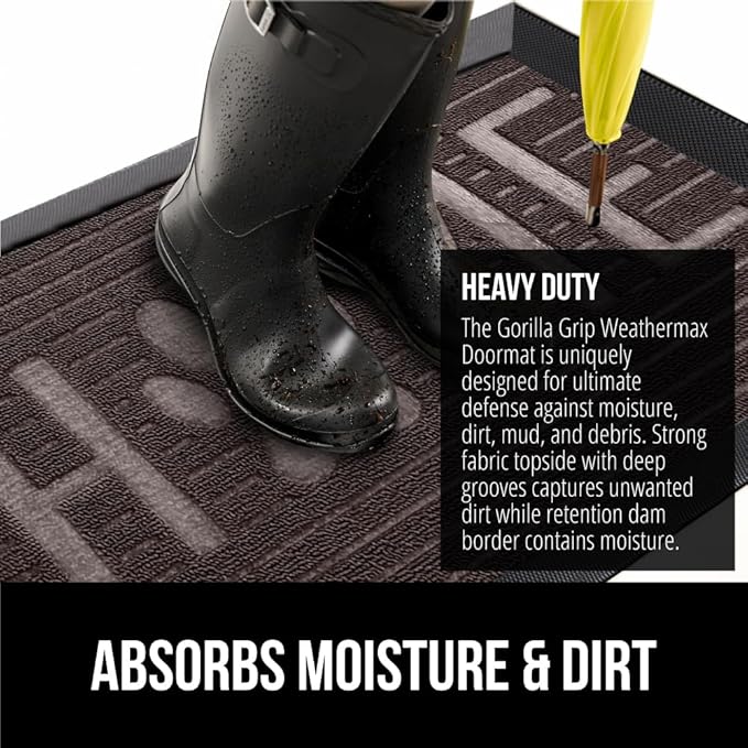 GORILLA GRIP 100% Waterproof All-Season WeatherMax Doormat 35x23, US Designed Natural Rubber, Stain and Fade Resistant, Low Profile Indoor Outdoor Door Mats, Easy Clean Patio Mat, Espresso Home Paw-Ruum Studio Home