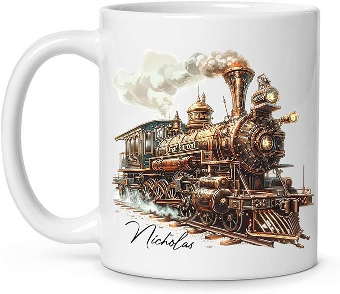 Customized Vintage Locomotive Design Ceramic Cup, Personalized Steampunk Train Coffee Mug 11oz 15oz, Unique Custom Name Mug Gift For Train Enthusiasts, Steam Engine White Mug-Ruum Studio Home