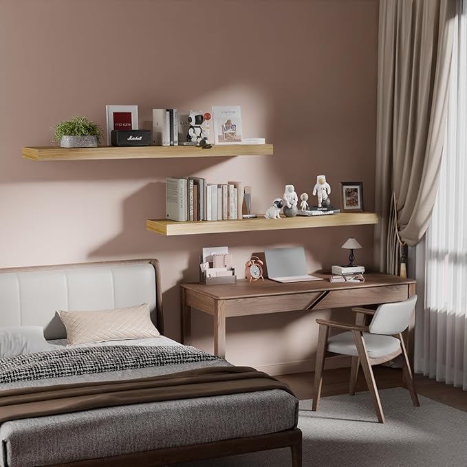 IAE Floating Wall Shelves 48 inch,Bathroom Shelves Wall Mounted,Invisible Shelves Floating Kitchen Shelves,Wooden Wall Shelves with Brackets for Living Room Wall Mounted,Easy Install,Set of 2,Natural-Ruum Studio Home