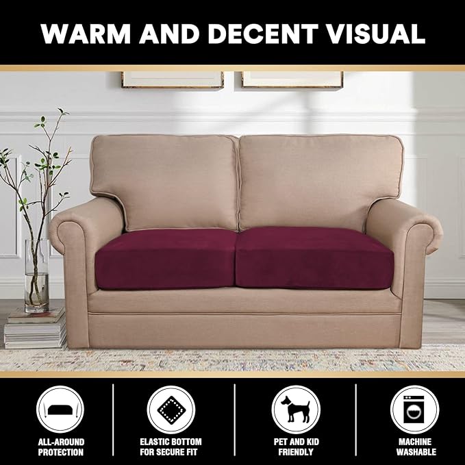 PrinceDeco Stretch Velvet Couch Cushion Covers, Soft Cushion Slipcover for Chair Loveseat Sofa Cushion Furniture Protector Seat Cushion Sofa Cover(Each Width Up to 29.5", Burgundy)-Ruum Studio Home