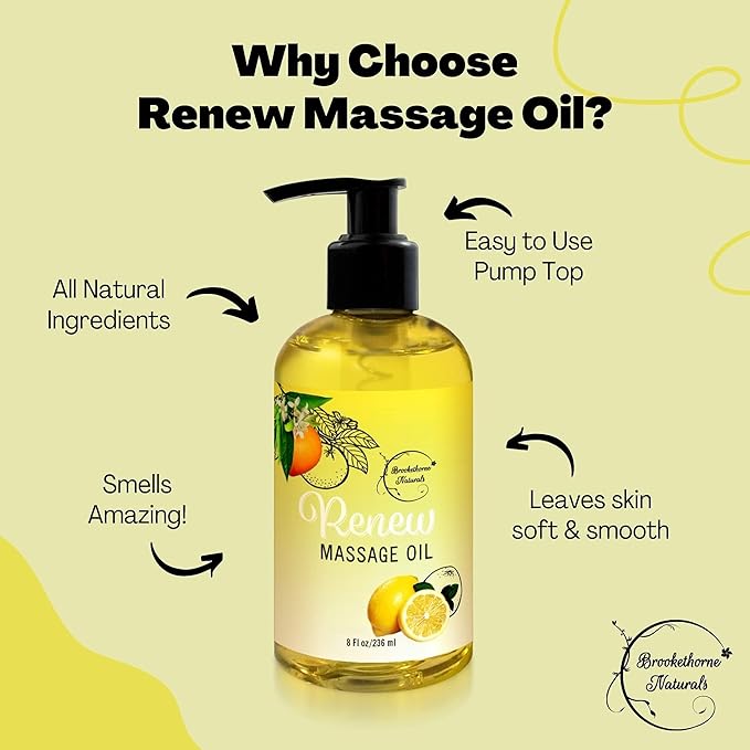 Renew Massage Oil with Orange, Lemon & Peppermint Essential Oils - Great for Massage Therapy or Home use. Ideal for Full Body – with Almond, Grapeseed & Jojoba – by Brookethorne Naturals-Ruum Studio Home