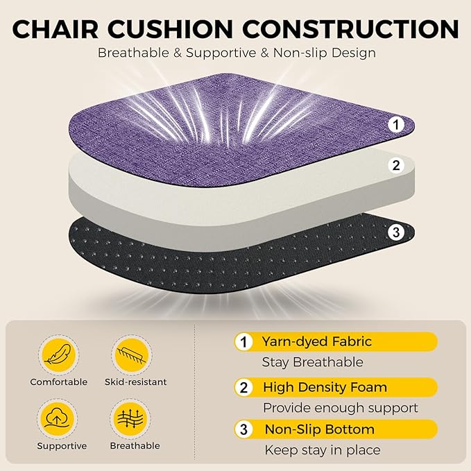 downluxe Indoor Chair Cushions for Dining Chairs, Soft and Comfortable Textured Foam Kitchen Chair Pads with Ties and Non-Slip Backing, 16" x 16" x 2", Purple, 4 Pack-Ruum Studio Home
